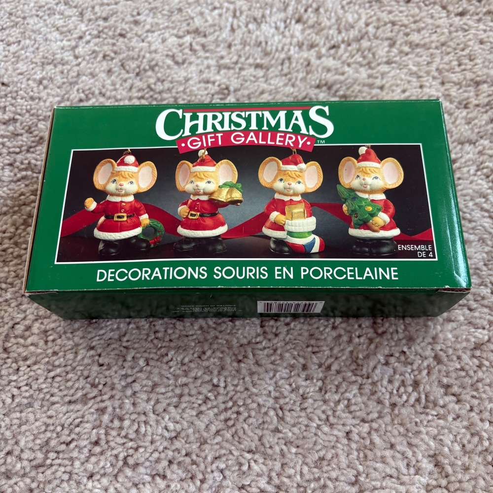Christmas Gift Gallery 1990 Porcelain Mouse Ornaments Set‎ of 4 Vintage